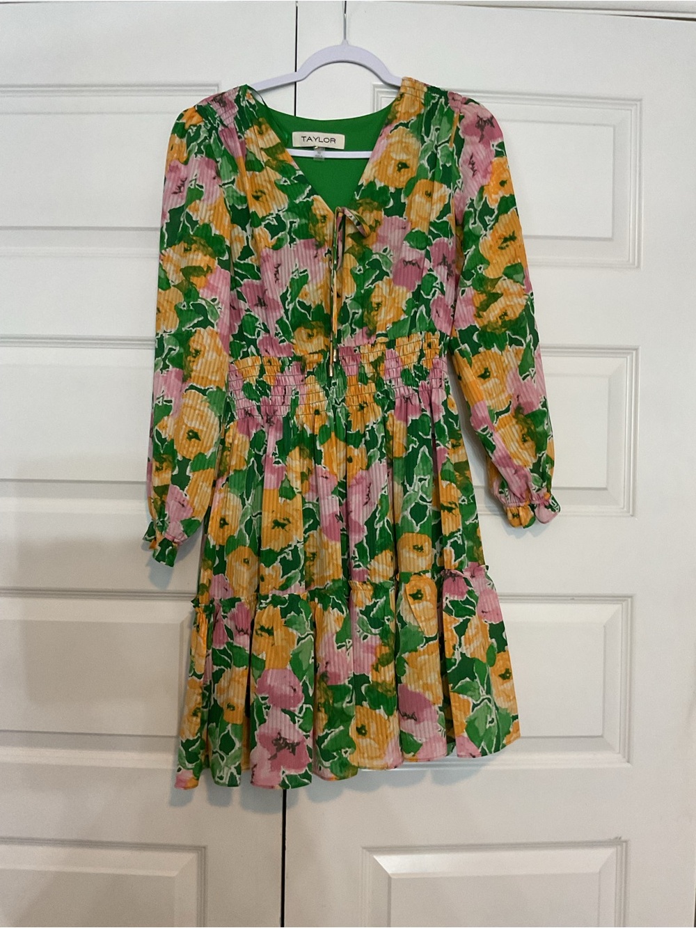 Taylor Green Floral Tiered Smocked Dress with Pink & Yellow Blooms Size 10
